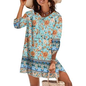 Zeagoo Womens Boho Dresses Casual Beach Summer Dress Tassel Tie Neck 3/4 Long Sleeve Mini Sundress 2026 Floral Print Cover Up(Green)