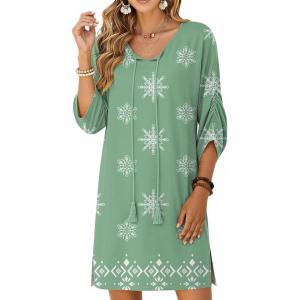 Zeagoo Womens Boho Dresses Casual Beach Summer Dress Tassel Tie Neck 3/4 Long Sleeve Mini Sundress 2026 Floral Print Cover Up(Green Mz915)