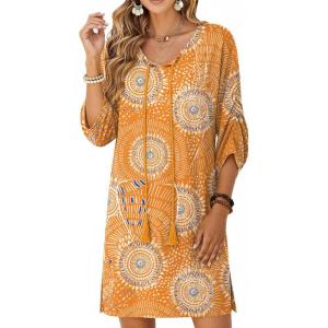 Zeagoo Womens Boho Dresses Casual Beach Summer Dress Tassel Tie Neck 3/4 Long Sleeve Mini Sundress 2026 Floral Print Cover Up(Orange Cx294)