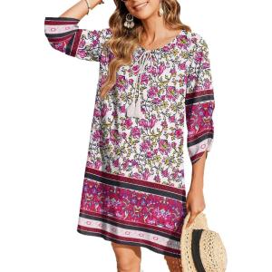 Zeagoo Womens Boho Dresses Casual Beach Summer Dress Tassel Tie Neck 3/4 Long Sleeve Mini Sundress 2026 Floral Print Cover Up(Purple)