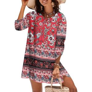 Zeagoo Womens Boho Dresses Casual Beach Summer Dress Tassel Tie Neck 3/4 Long Sleeve Mini Sundress 2026 Floral Print Cover Up(Red)