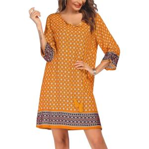 Zeagoo Womens Boho Dresses Casual Beach Summer Dress Tassel Tie Neck 3/4 Long Sleeve Mini Sundress 2026 Floral Print Cover Up(Yellow)