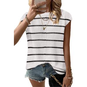 Zeagoo Women’s Cap Sleeve Sweater Vest Crew Neck Sleeveless Casual Knit Tops 2024 Summer Clothes S-XXL(A Stripe White)