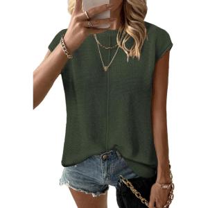 Zeagoo Women’s Cap Sleeve Sweater Vest Crew Neck Sleeveless Casual Knit Tops 2024 Summer Clothes S-XXL(Army Green)