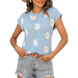 Zeagoo Women’s Cap Sleeve Sweater Vest Crew Neck Sleeveless Casual Knit Tops 2024 Summer Clothes S-XXL(Blue Daisy)