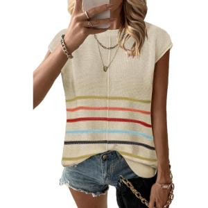 Zeagoo Women’s Cap Sleeve Sweater Vest Crew Neck Sleeveless Casual Knit Tops 2024 Summer Clothes S-XXL(Colorful Stripes)