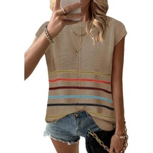 Zeagoo Women’s Cap Sleeve Sweater Vest Crew Neck Sleeveless Casual Knit Tops 2024 Summer Clothes S-XXL(Colorful Stripes Khaki)