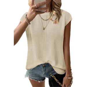 Zeagoo Women’s Cap Sleeve Sweater Vest Crew Neck Sleeveless Casual Knit Tops 2024 Summer Clothes S-XXL(Cream)