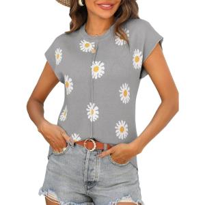 Zeagoo Women’s Cap Sleeve Sweater Vest Crew Neck Sleeveless Casual Knit Tops 2024 Summer Clothes S-XXL(Grey Daisy)