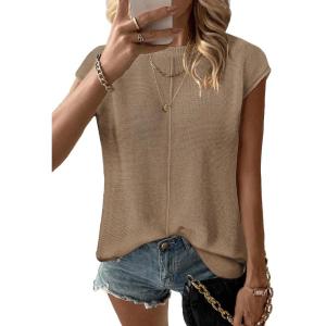 Zeagoo Women’s Cap Sleeve Sweater Vest Crew Neck Sleeveless Casual Knit Tops 2024 Summer Clothes S-XXL(Khaki)
