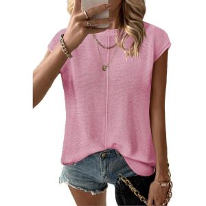 Zeagoo Women’s Cap Sleeve Sweater Vest Crew Neck Sleeveless Casual Knit Tops 2024 Summer Clothes S-XXL(Pink)