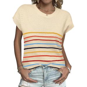 Zeagoo Women’s Cap Sleeve Sweaters Vest Crew Neck Knit Sweater Tops 2025 Casual Summer Sleeveless T Shirt(Colorful Stripe)