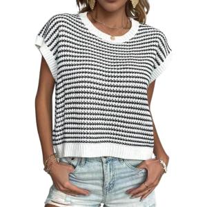 Zeagoo Women’s Cap Sleeve Sweaters Vest Crew Neck Knit Sweater Tops 2025 Casual Summer Sleeveless T Shirt(Stripe Black)