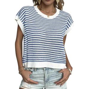 Zeagoo Women’s Cap Sleeve Sweaters Vest Crew Neck Knit Sweater Tops 2025 Casual Summer Sleeveless T Shirt(Stripe Blue)