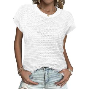 Zeagoo Women’s Cap Sleeve Sweaters Vest Crew Neck Knit Sweater Tops 2025 Casual Summer Sleeveless T Shirt(White)