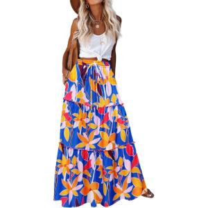 Zeagoo Womens Casual Maxi Skirts for Women 2026 High Waist Boho Skirts Floral Printed Long Flowy Skirt with Pockets(Blue Floral)