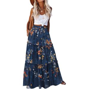 Zeagoo Womens Casual Maxi Skirts for Women 2026 High Waist Boho Skirts Floral Printed Long Flowy Skirt with Pockets(Blue Floral Printed)