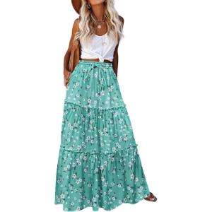 Zeagoo Womens Casual Maxi Skirts for Women 2026 High Waist Boho Skirts Floral Printed Long Flowy Skirt with Pockets(Green-floral-printed)