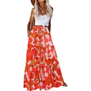 Zeagoo Womens Casual Maxi Skirts for Women 2026 High Waist Boho Skirts Floral Printed Long Flowy Skirt with Pockets(Red-printed)
