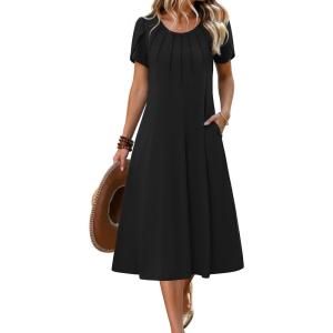 Zeagoo Womens Casual Summer Dress 2026 Petal Short Sleeve Dresses with Pleats Midi A Line Flowy Dress Boho Sundress(A-black)