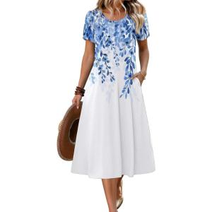 Zeagoo Womens Casual Summer Dress 2026 Petal Short Sleeve Dresses with Pleats Midi A Line Flowy Dress Boho Sundress(Blue+white Floral)