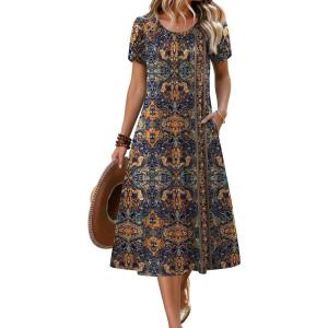 Zeagoo Womens Casual Summer Dress 2026 Petal Short Sleeve Dresses with Pleats Midi A Line Flowy Dress Boho Sundress(Chic Printed)