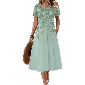 Zeagoo Womens Casual Summer Dress 2026 Petal Short Sleeve Dresses with Pleats Midi A Line Flowy Dress Boho Sundress(Mint Floral)