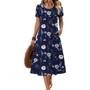 Zeagoo Womens Casual Summer Dress 2026 Petal Short Sleeve Dresses with Pleats Midi A Line Flowy Dress Boho Sundress(Navy Floral 02)