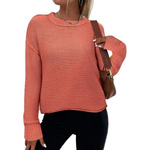 Zeagoo Women’s Crew Neck Cropped Sweater 2025 Fall Long Sleeve Chunky Knit Pullover Sweater Tops(Rust)