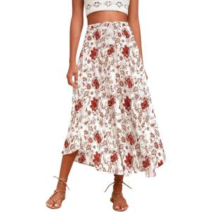 Zeagoo Womens Flowy Pleated Skirts A Line Elastic High Waisted Midi Skirt Boho Casual Long Skirts Brown Leaf Print XXL(Ethnic Print)