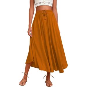 Zeagoo Womens Flowy Pleated Skirts A Line Elastic High Waisted Midi Skirt Boho Casual Long Skirts Brown Leaf Print XXL(Orange)