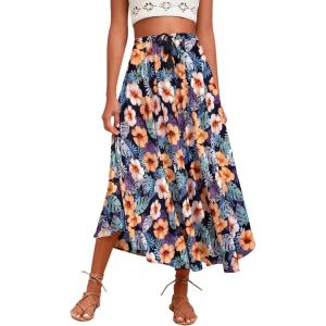 Zeagoo Womens Flowy Pleated Skirts A Line Elastic High Waisted Midi Skirt Boho Casual Long Skirts Brown Leaf Print XXL(Orange Floral Print)