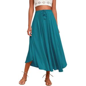 Zeagoo Womens Flowy Pleated Skirts A Line Elastic High Waisted Midi Skirt Boho Casual Long Skirts Brown Leaf Print XXL(Peacock Blue)