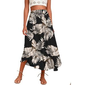 Zeagoo Womens Flowy Pleated Skirts A Line Elastic High Waisted Midi Skirt Boho Casual Long Skirts Brown Leaf Print XXL(Zw29)