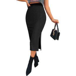 Zeagoo Womens Knit Midi Skirts Casual Pencil Skirt High Waisted Long Skirt with Slit Elegant Work Office Skirts(Black)