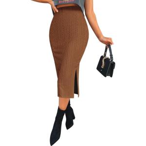 Zeagoo Womens Knit Midi Skirts Casual Pencil Skirt High Waisted Long Skirt with Slit Elegant Work Office Skirts(Brown)
