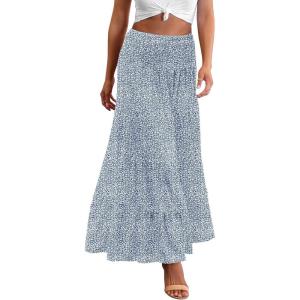Zeagoo Women’s Long Maxi Skirts Tiered Elastic High Waist Boho Double Layered Print A-Line Casual Midi Dress(Blue White Floral)