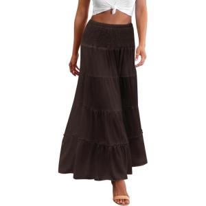 Zeagoo Women’s Long Maxi Skirts Tiered Elastic High Waist Boho Double Layered Print A-Line Casual Midi Dress(Brown)