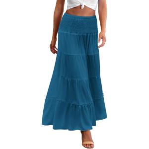 Zeagoo Women’s Long Maxi Skirts Tiered Elastic High Waist Boho Double Layered Print A-Line Casual Midi Dress(Lake Blue)