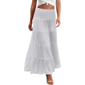 Zeagoo Women’s Long Maxi Skirts Tiered Elastic High Waist Boho Double Layered Print A-Line Casual Midi Dress(White)