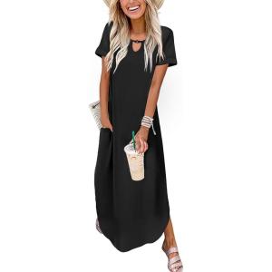 Zeagoo Womens Maxi Summer Dress with Pockets Casual Short Sleeve Sundress Trendy 2026 Curve Hem Long Dress(Black)