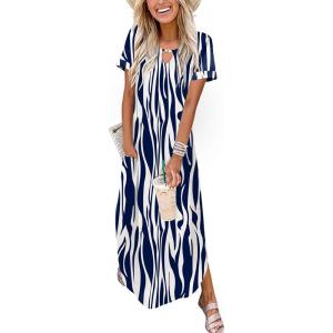 Zeagoo Womens Maxi Summer Dress with Pockets Casual Short Sleeve Sundress Trendy 2026 Curve Hem Long Dress(Blue Printed-01)
