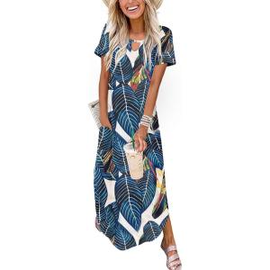 Zeagoo Womens Maxi Summer Dress with Pockets Casual Short Sleeve Sundress Trendy 2026 Curve Hem Long Dress(Leaf-printed-01)