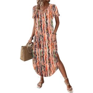 Zeagoo Womens Maxi Summer Dress with Pockets Casual Short Sleeve Sundress Trendy 2026 Curve Hem Long Dress(Printed-044)
