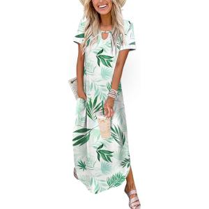 Zeagoo Womens Maxi Summer Dress with Pockets Casual Short Sleeve Sundress Trendy 2026 Curve Hem Long Dress(White-leaf-printed)