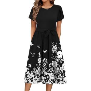 Zeagoo Womens Midi Dress Summer Short Sleeve Dress with Pockets 2025 Casual Floral T-Shirt Dress Flowy Beach Sundress(Black Floral-04)