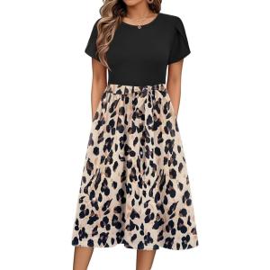 Zeagoo Womens Midi Dress Summer Short Sleeve Dress with Pockets 2025 Casual Floral T-Shirt Dress Flowy Beach Sundress(Black-floral-01)