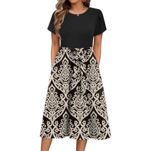 Zeagoo Womens Midi Dress Summer Short Sleeve Dress with Pockets 2025 Casual Floral T-Shirt Dress Flowy Beach Sundress(Black-floral-02)