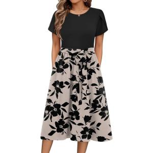 Zeagoo Womens Midi Dress Summer Short Sleeve Dress with Pockets 2025 Casual Floral T-Shirt Dress Flowy Beach Sundress(Black-floral-03)