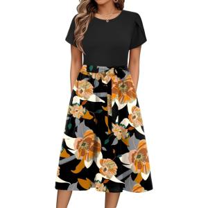 Zeagoo Womens Midi Dress Summer Short Sleeve Dress with Pockets 2025 Casual Floral T-Shirt Dress Flowy Beach Sundress(Black-red Floral)